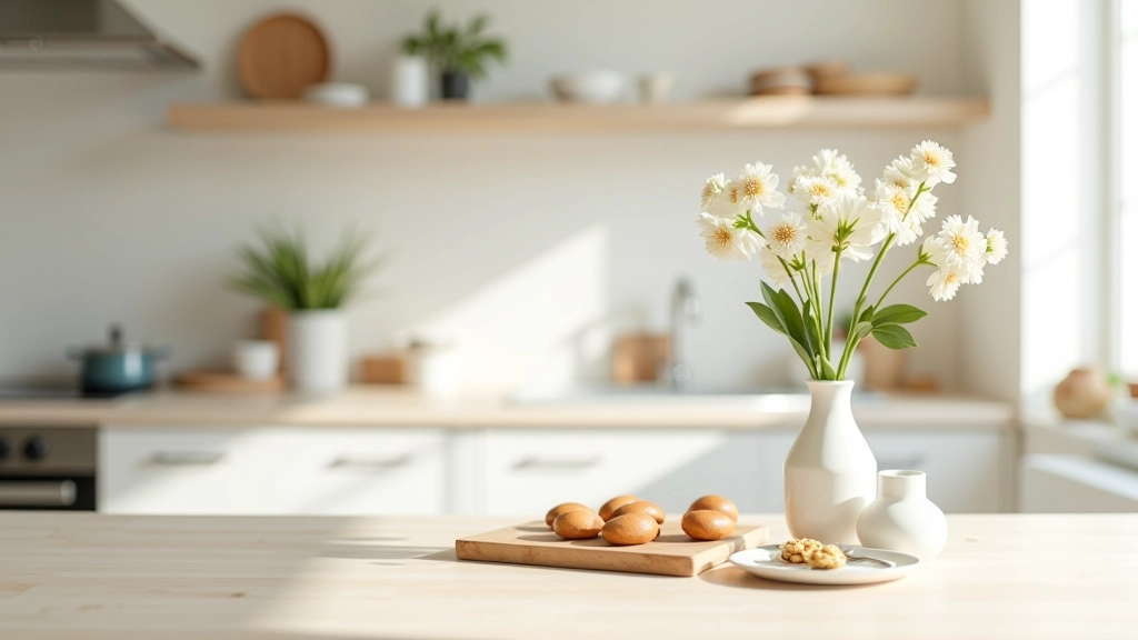 Prázdná kuchyň s čistými pulty bez viditelných nezdravých potravin nebo pokušení