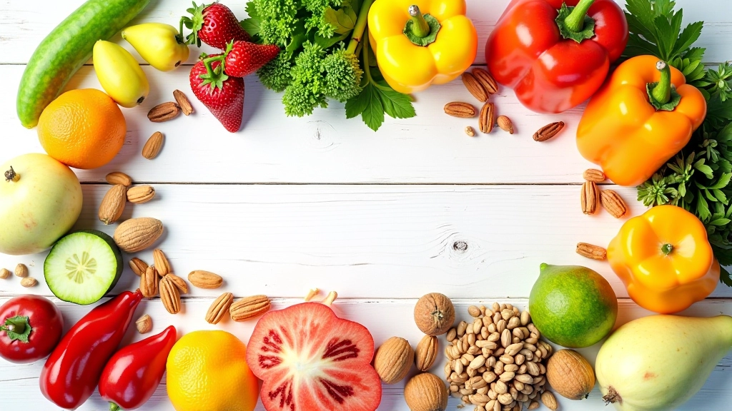 Různé zdravé potraviny jako zelenina, ovoce a ořechy na čistém bílém stole