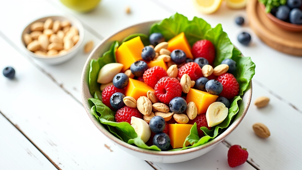 Různobarevné potraviny v misce — ovoce, zelenina a zdravé tuky na bílém stole