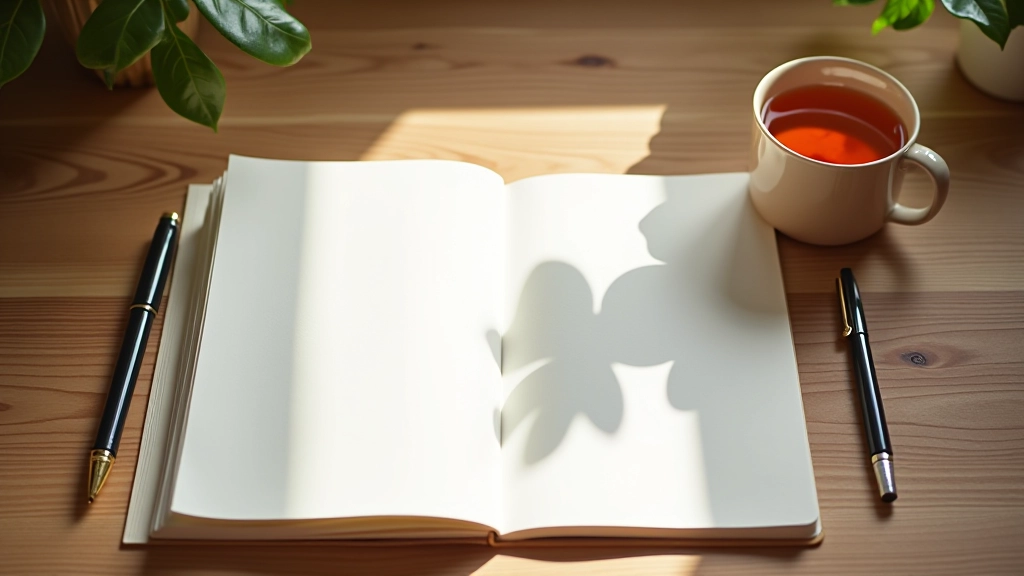 Otevřený deník s poznámkami o jídle a pocitu pohody, psací tužka a šálek čaje na dřevěném stole