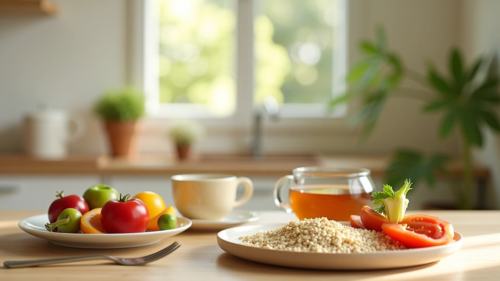 Pěkně uspořádaný jídelní stůl s čerstvými potravinami a čajem v příjemném prostředí