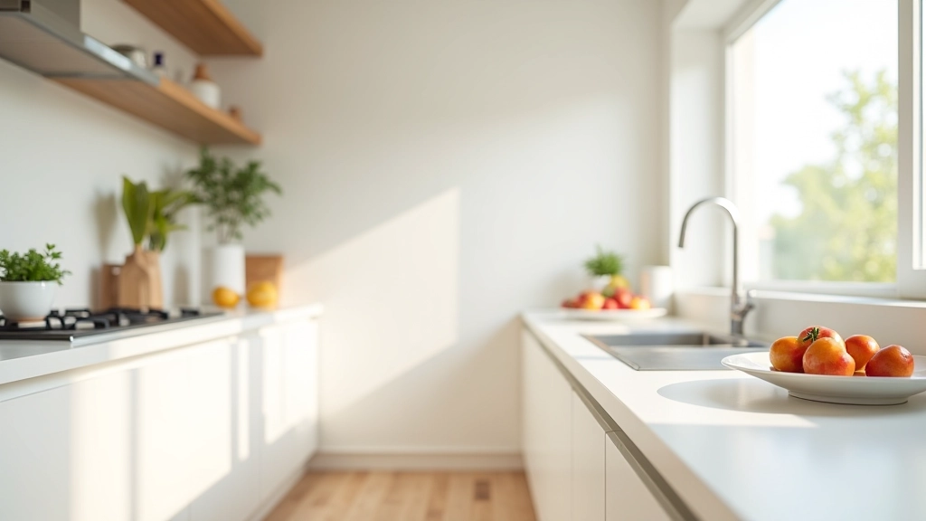 Moderní kuchyň s čistými pulty bez viditelných pokušení, ideální prostředí pro vědomé stravování