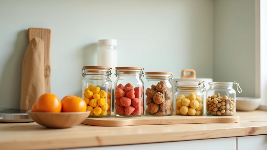 Kuchyňský pult s různými uskladněnými potravinama v průhledných nádobách, organizovaný a čistý
