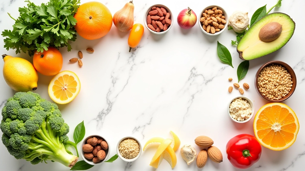 Zdravé potraviny včetně ovoce, zeleniny a ořechů pečlivě uspořádané na čistém stole symbolizují vědomý výběr potravin