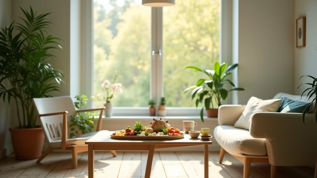 Klídný prostor s pohovkou, přirozeným světlem a rostlinami — místo pro relaxaci a pohodu