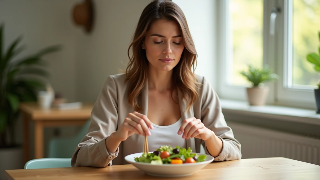 Žena sedí u stolu a jí zdravý obřad s plnou pozorností a klidným výrazem