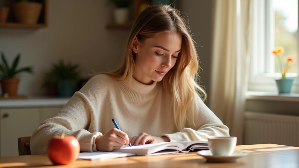 Osoba zapisuje poznámky do deníku s kávou a zdravou svačinou