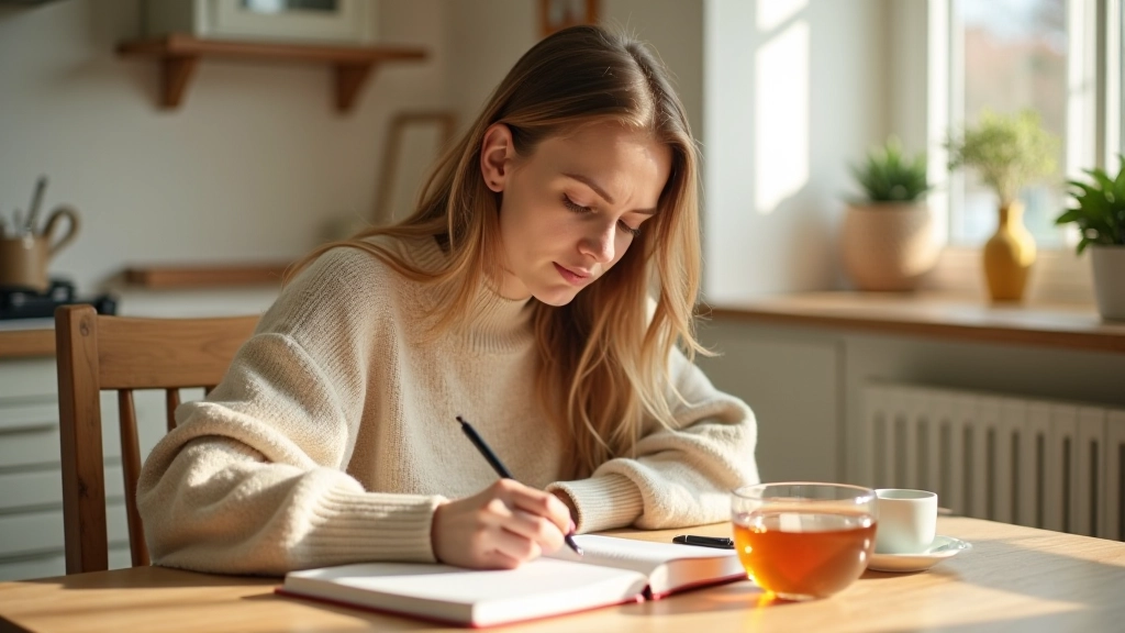 Člověk si dělá poznámky do deníku o své energii a pocitu pohody během dne