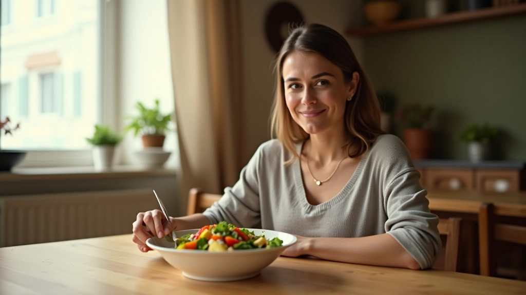 Žena sedí klidně u stolu s miskou zdravého jídla a vnímaně konzumuje svůj pokrm