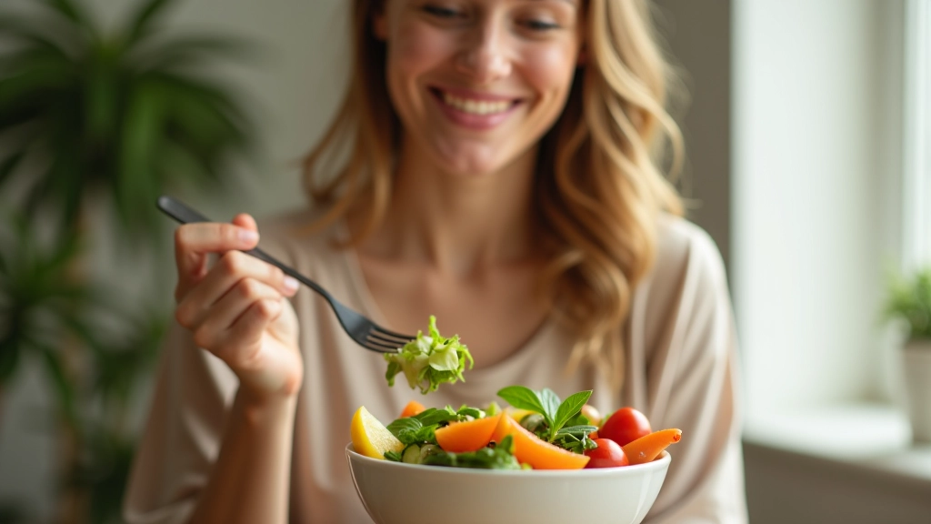 Žena jí zdravý salát s vědomím