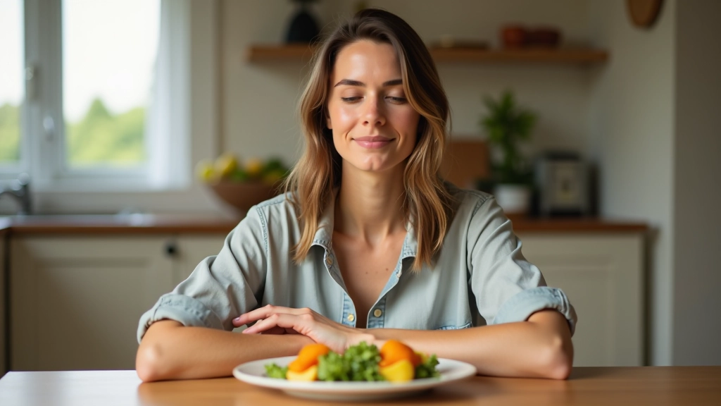 Žena vědomě jí zdravou stravu v klidném domácím prostředí s příjemným osvětlením